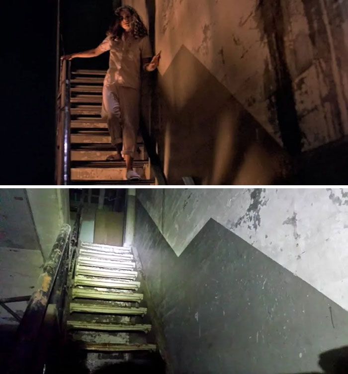 Woman descending old stairway in a real-life location from movie and TV classics compared to current condition.