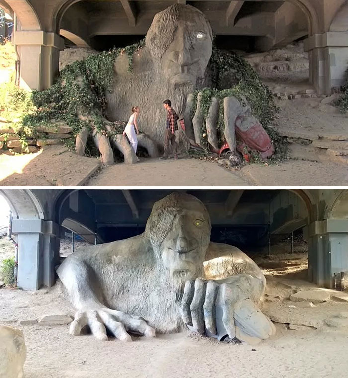 Concrete troll sculpture under a bridge featured in movie and TV classics, shown with people and in current condition.