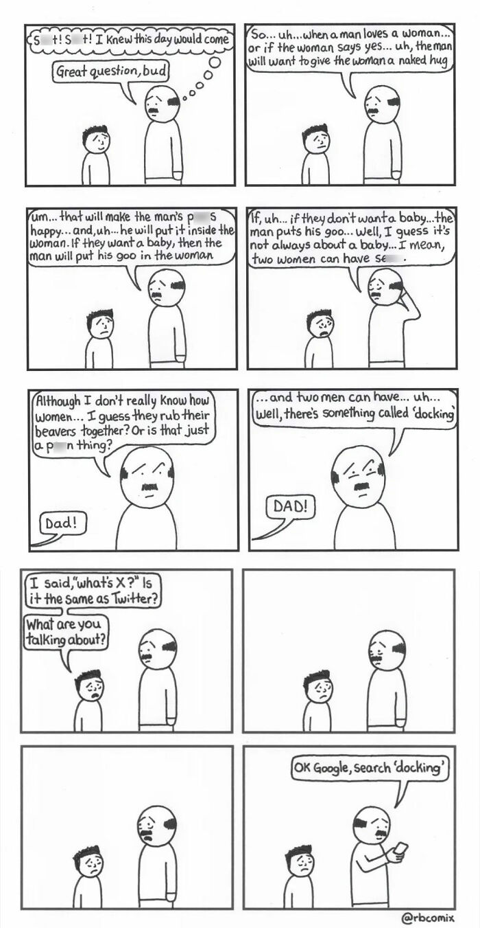 Black and white Rustedboot Comics strip featuring a father and son with dark humor on relationships and misunderstandings.