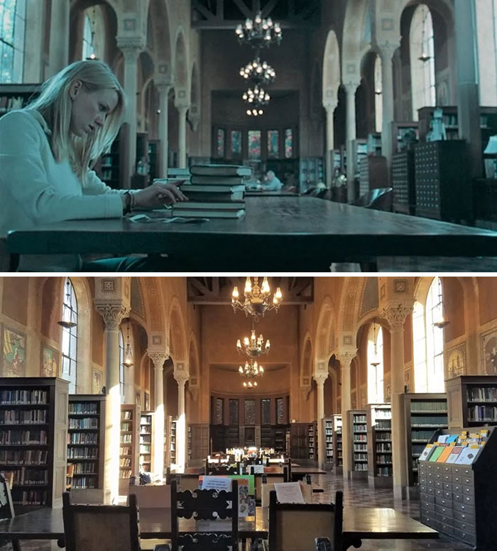 Iconic real-life movie and TV classic location showing a historic library interior and its current appearance.