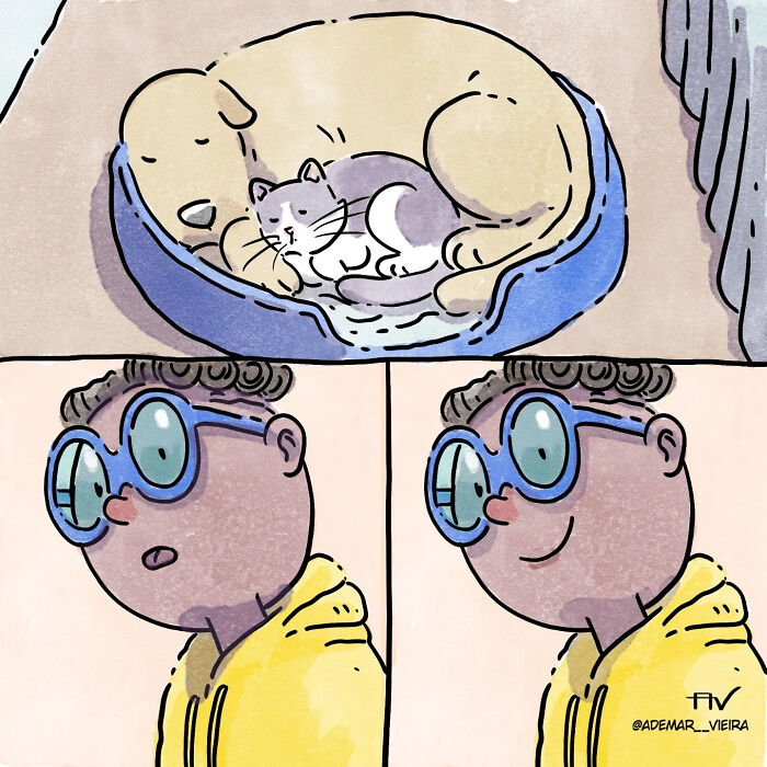Illustration showing heartfelt life with a dog and a cat in a cozy pet bed and a smiling person with glasses.