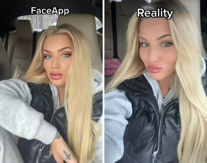 Woman showing filter vs reality comparison selfie with FaceApp and natural appearance inside a car.