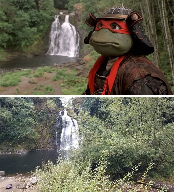 Side-by-side comparison of a movie waterfall scene and its real-life location visited by man exploring TV classics.