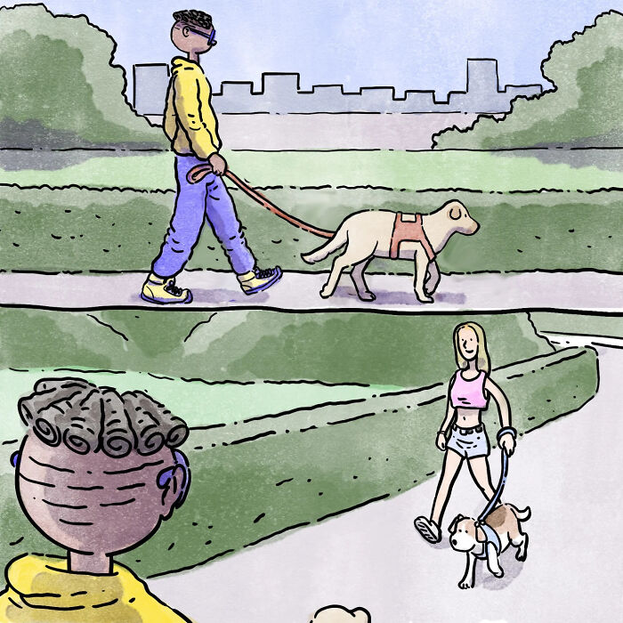 Watercolor-style comic showing two people walking their dogs on park paths in a wordless comic about life with pets.