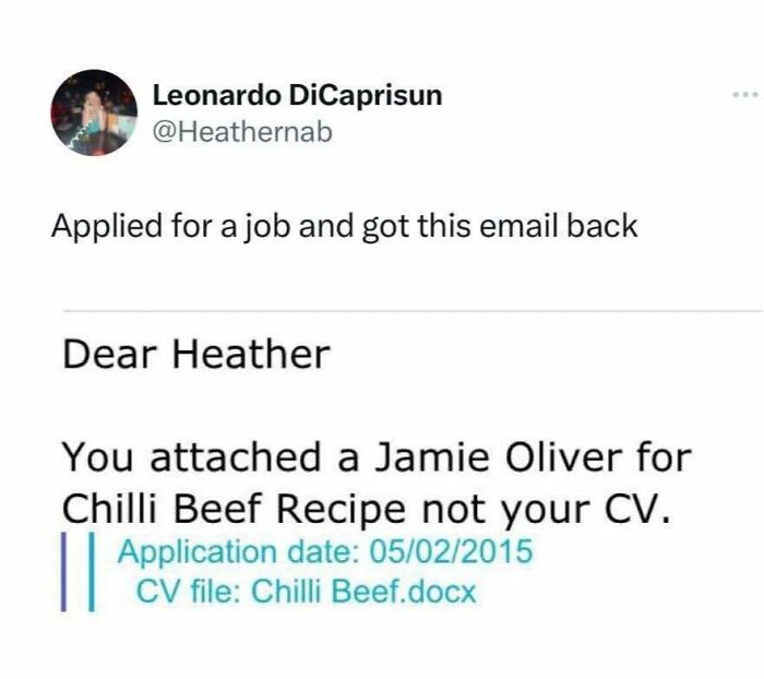 Funny work meme showing a job application email where the applicant attached a chili beef recipe instead of a CV.