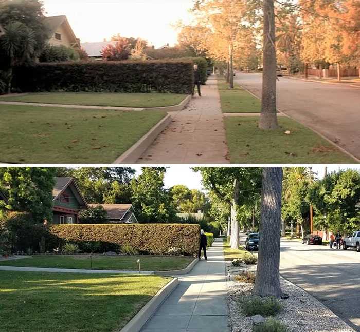 Side-by-side comparison of real-life locations from movie and TV classics showing how they look now with greenery and sidewalks.