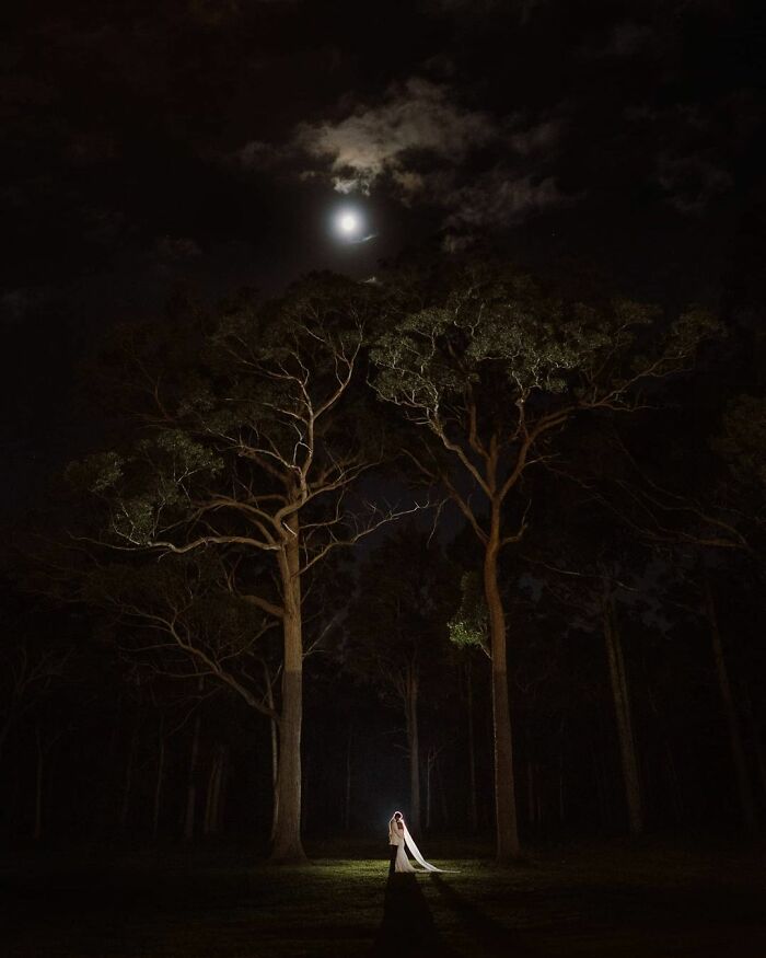 Bride and groom sharing a romantic moment under the moonlight in an unforgettable wedding photo in a dark forest.