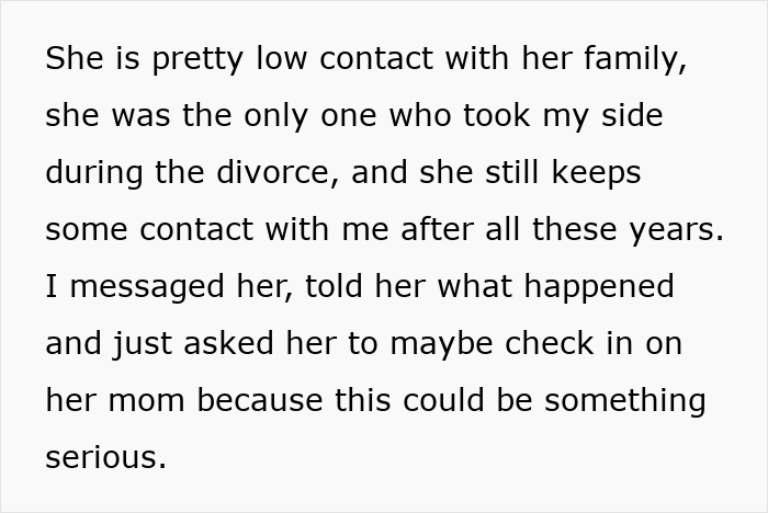 Screenshot of text discussing low family contact and a request to check on mom amid concerns about a forced tattoo incident.