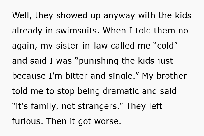 Text excerpt showing a man facing backlash after calling cops on his brother and family for breaking into his home to use the pool.