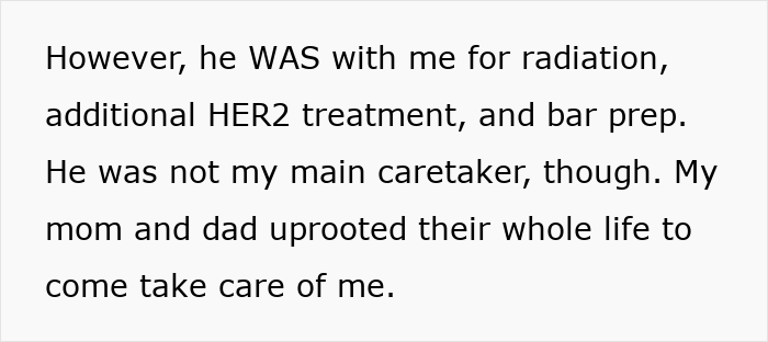 Text excerpt showing support during medical treatment and bar prep, reflecting a boyfriend attorney swearing moment context.