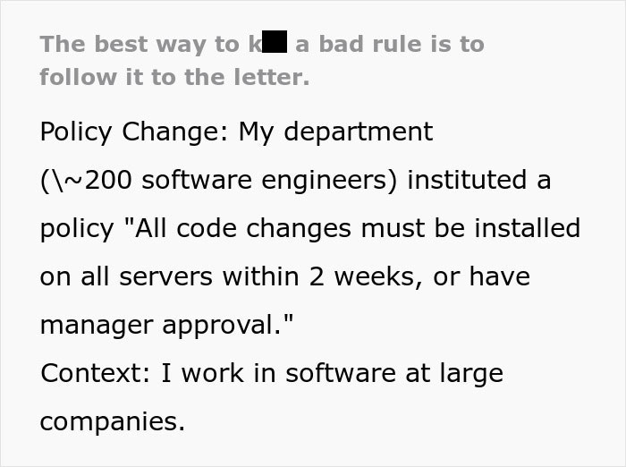 Employee follows unworkable deployment rule exactly, prompting management to rethink policy in a large software company setting.