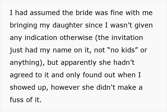 Text excerpt discussing a young mom bringing her kid to a wedding and causing family tension over the bride’s legacy. Text excerpt discussing a young mom bringing her kid to a wedding and causing family tension over the bride’s legacy.