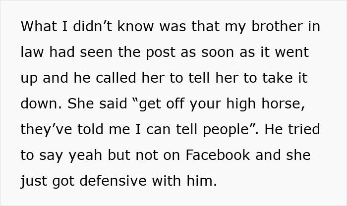 Text excerpt showing a family dispute over a pregnancy announcement hijacked on Facebook by a mother-in-law refusing to delete it.
