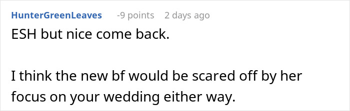 Text comment on a white background where a user discusses someone&rsquo;s focus on a wedding after a cousin insult.
