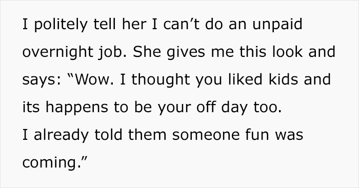 Text conversation about a woman wanting a colleague to babysit her kids unpaid on their day off despite refusal. Text conversation about a woman wanting a colleague to babysit her kids unpaid on their day off despite refusal.
