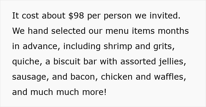 Text about elegant wedding menu planning with shrimp, grits, quiche, biscuit bar, sausage, bacon, chicken, and waffles.