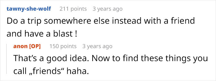 Screenshot of an online discussion about a woman realizing she&rsquo;s invited to a family holiday only to babysit.