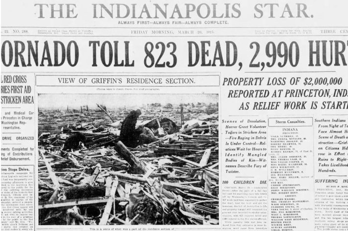 Historic newspaper page showing tornado devastation with 695 lives lost in the deadliest US tornado disaster.