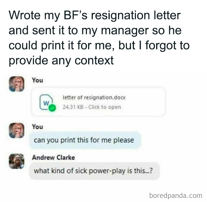 Text conversation showing a funny college confession about sending a resignation letter without context.