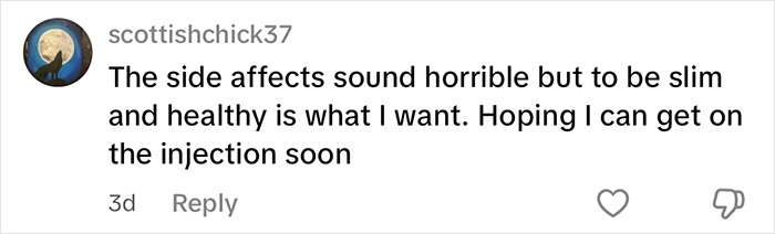 Comment from user scottishchick37 discussing side effects and desire to be slim and healthy using Mounjaro injection soon.