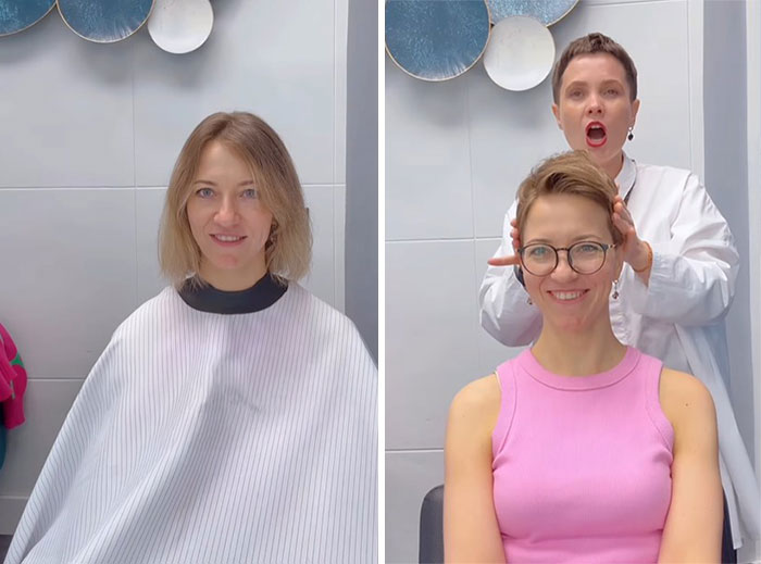 Before-and-after short hair makeover by stylist, showing a transformation from medium-length to chic short hairstyle.