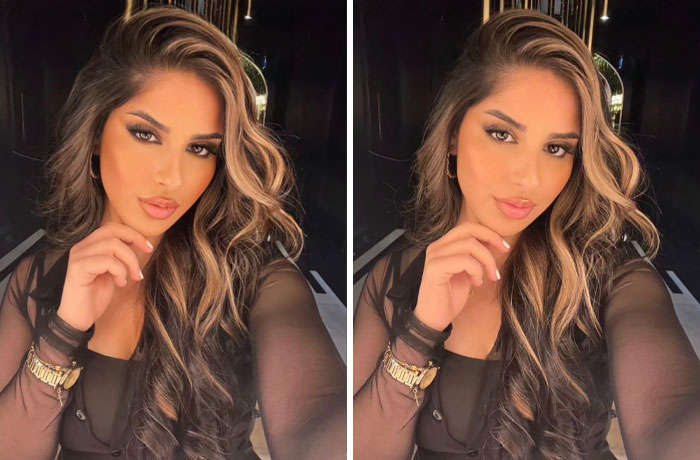 Woman showing differences in appearance with filters versus without filters, highlighting natural beauty and makeup effects.