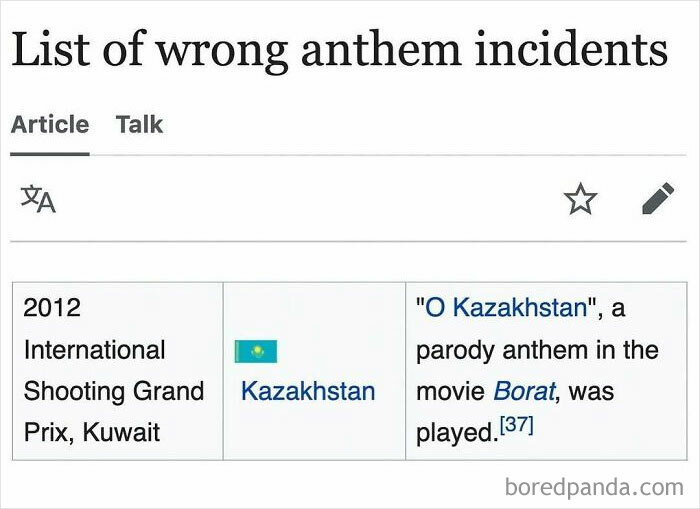 Screenshot of a Wikipedia snippet listing a wrong anthem incident involving a parody anthem from a funny and interesting article.