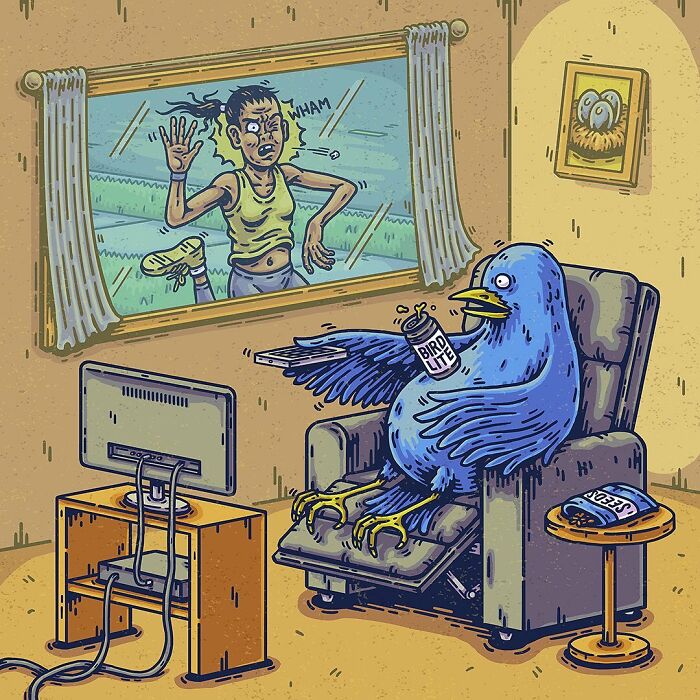 Surreal comic scene featuring a blue bird drinking beer while a woman kicks a window in an absurd everyday moment.