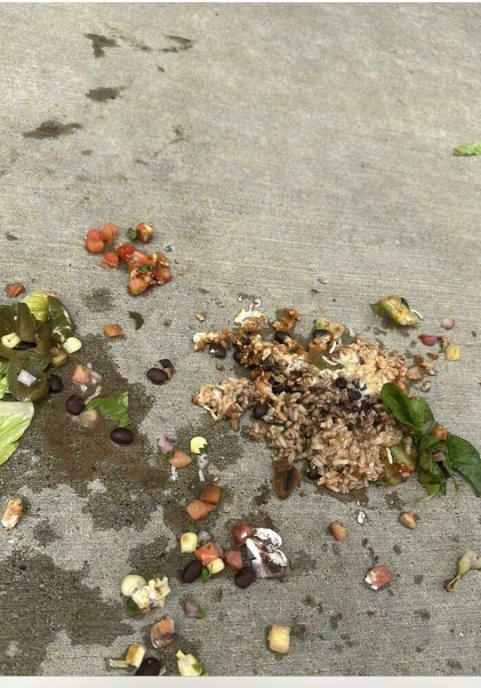 Spoiled food scattered on concrete, illustrating the concept of traumatizing the next generation with depressing imagery.