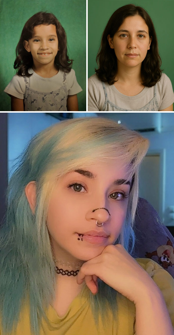 Side-by-side comparison of childhood and adult photos showing age progression and style changes using ChatGPT prediction.