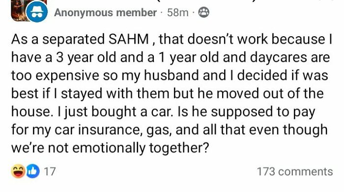 Screenshot of a social media post by an entitled single mom asking if her ex should pay for her car expenses.