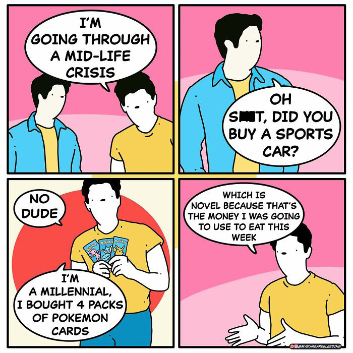 Comic strip showing dark and twisted humor with a millennial buying Pokémon cards during a mid-life crisis.