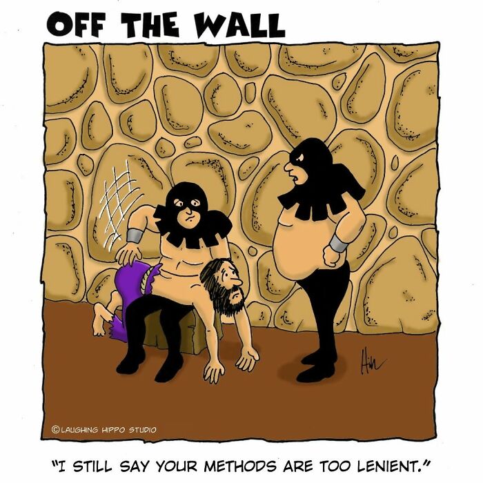 Dungeon fails cartoon showing two masked captors with a prisoner against a stone wall, capturing offbeat comic humor.