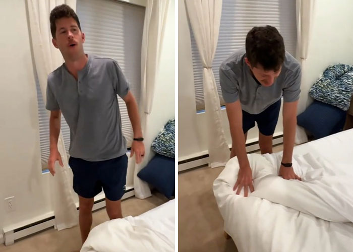 Man in casual clothes preparing for marathon with zero training, reacting to last-minute race signup at home.