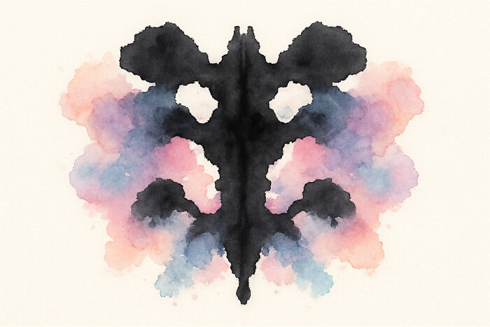 Rorschach inkblot with symmetrical black, pink, and blue ink patterns used for psychological perception tests.