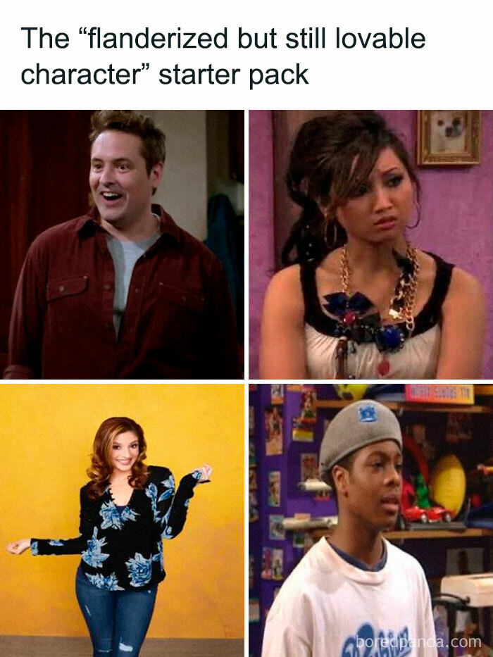Collage of TV characters representing relatable flanderized but lovable traits for millennials and Gen Z audiences.