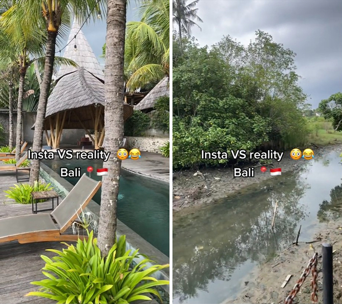 Split image showing Instagram vs reality travel moments in Bali with a luxurious poolside and a muddy riverbank scene.