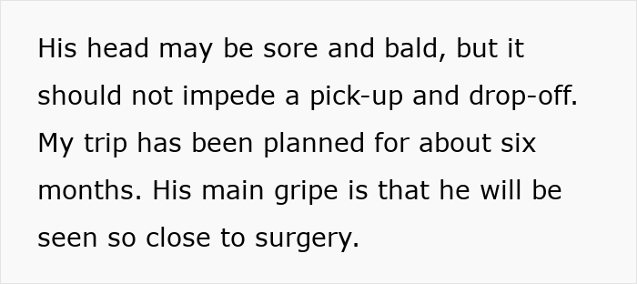 Text discussing a husband demanding his wife cancel plans due to concerns over her hair transplant surgery recovery.