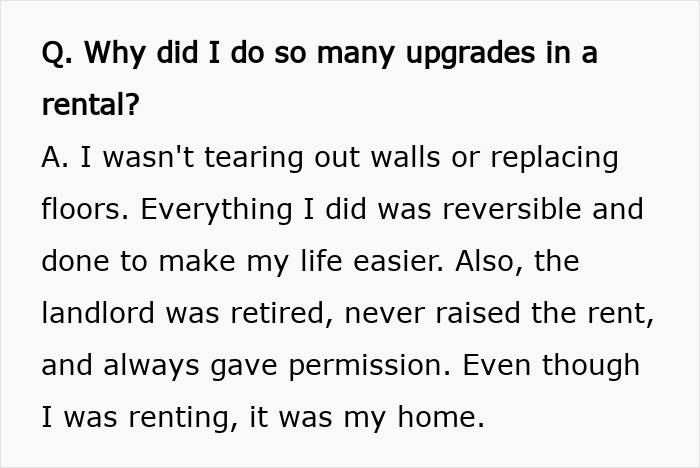 Text excerpt about upgrades made in a rental home with landlord permission, relating to court decision compliance.