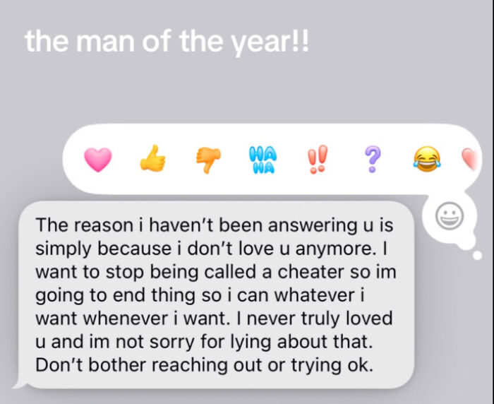 Screenshot of an unhinged text message from a woman nominating men of the year with a blunt breakup message.