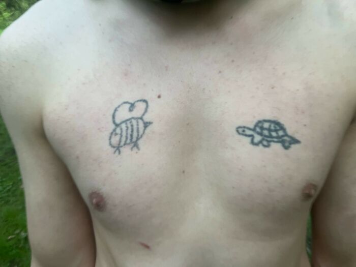 Two hilariously bad tattoos of a bee and a turtle on a person's bare chest, showcasing funny inkshaming moments.