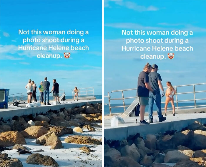 Influencers doing unhinged photo shoots during a Hurricane Helene beach cleanup, seeking views and attention.