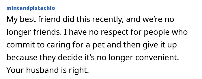 Comment expressing strong disapproval of refusing to let rehome a cat after committing to caring for a pet.