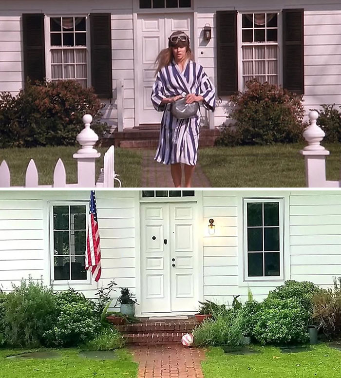 Side-by-side comparison of a real-life movie location showing the front porch and yard as they look now and in the film.
