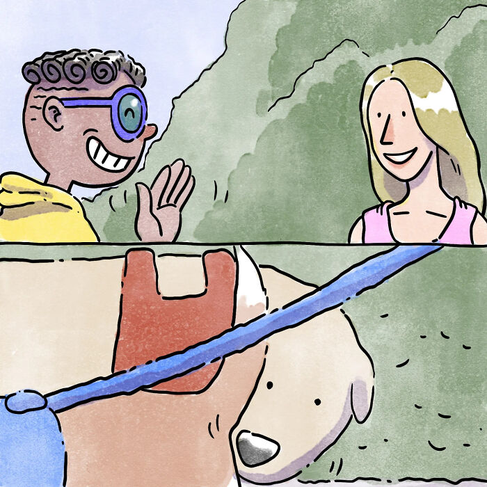 Artist sharing new wordless comics depicting heartfelt moments of life with a dog and a cat in colorful illustrations