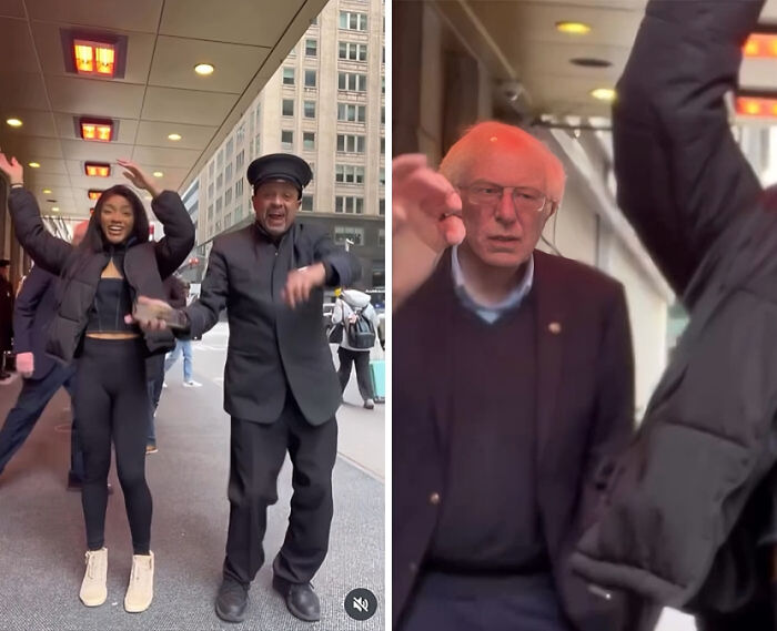 Two side-by-side images showing unhinged influencers doing crazy stunts for views on a city street and indoors.