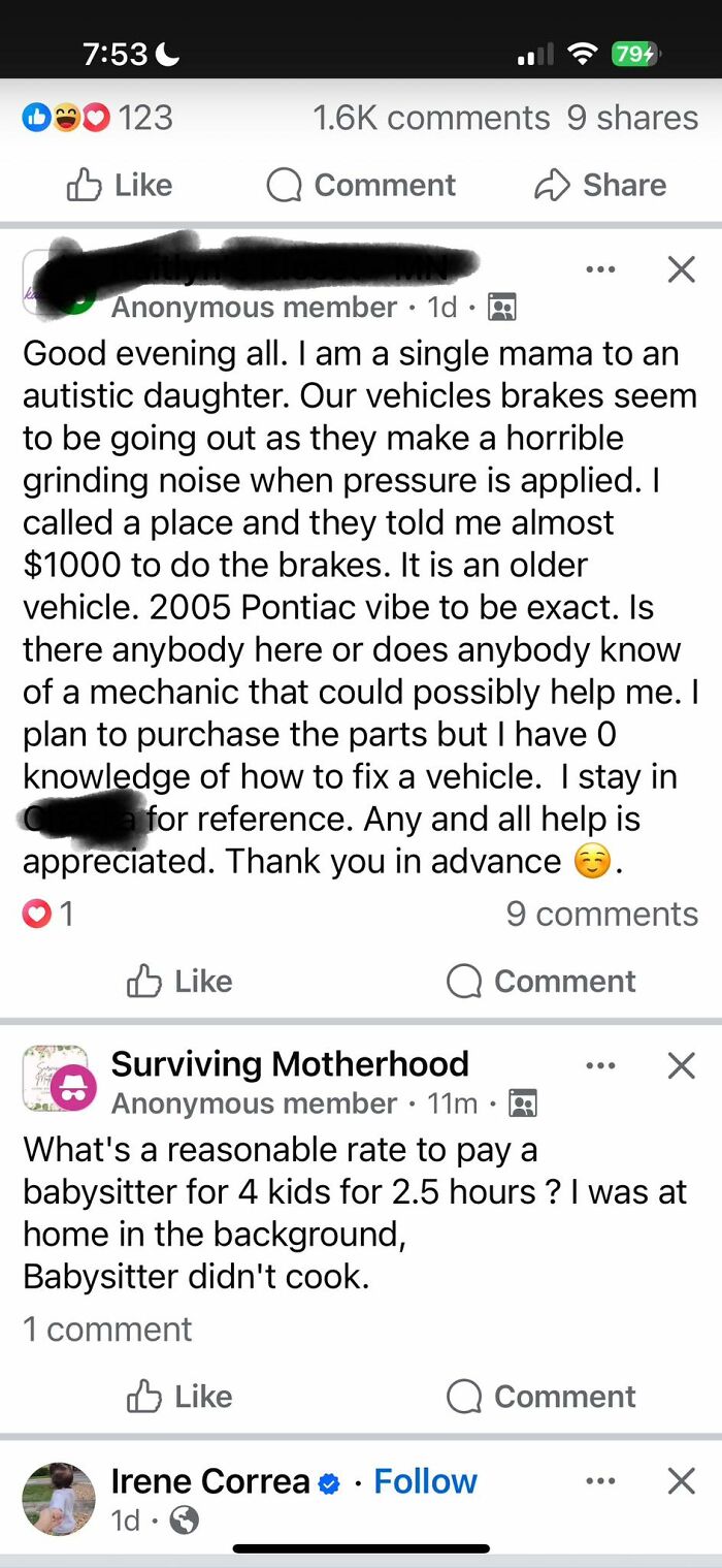 Screenshot of a social media post by a single mom asking for help with costly vehicle brake repairs.