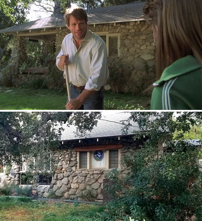 Stone cottage featured in movie scene and its current appearance in real-life location visited by a man.