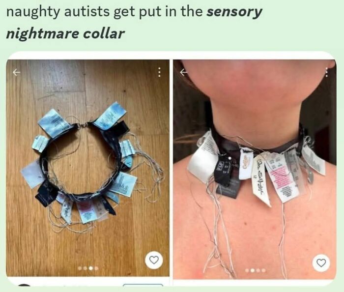 Choppy handmade sensory collar with loose threads and tags, showcased on a person's neck and on a wooden floor.