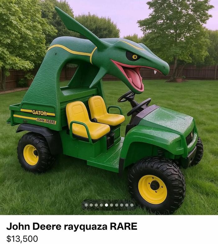 Green John Deere Gator vehicle with custom dragon head design, a unique cool secondhand find for collectors and enthusiasts.